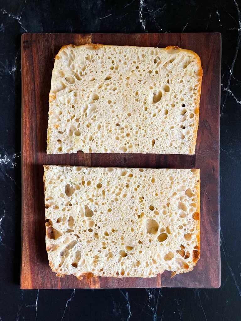 Focaccia bread cut in half.