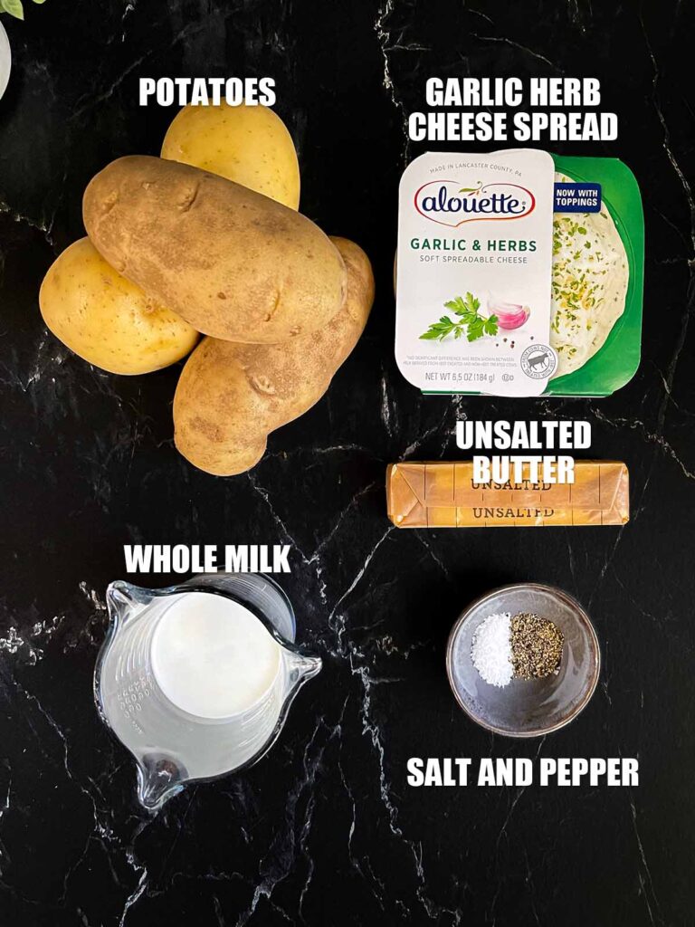 Ingredients needed for garlic herb mashed potatoes.