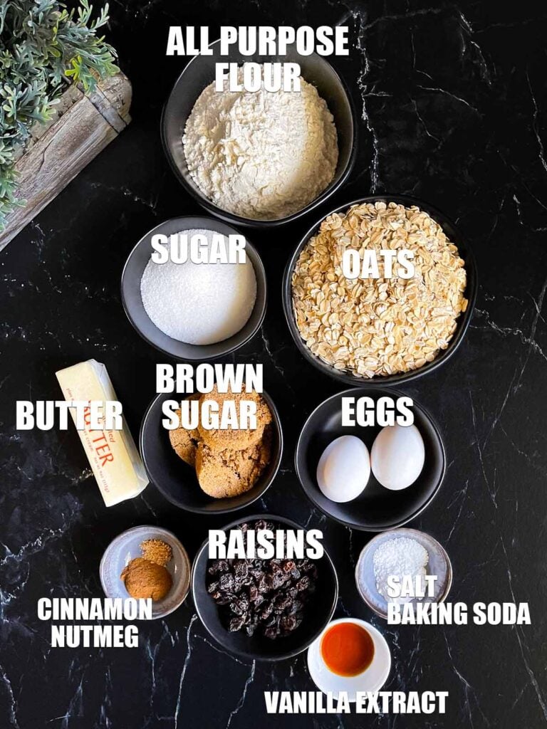 Ingredients for old fashioned oatmeal raisin cookies.