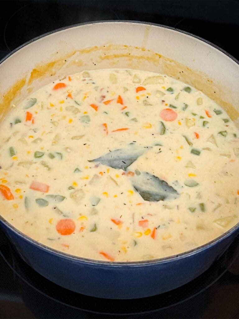 Potato corn chowder in a dutch oven.