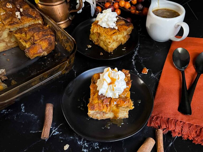 Pumpkin Bread Pudding (Salted Caramel Sauce)