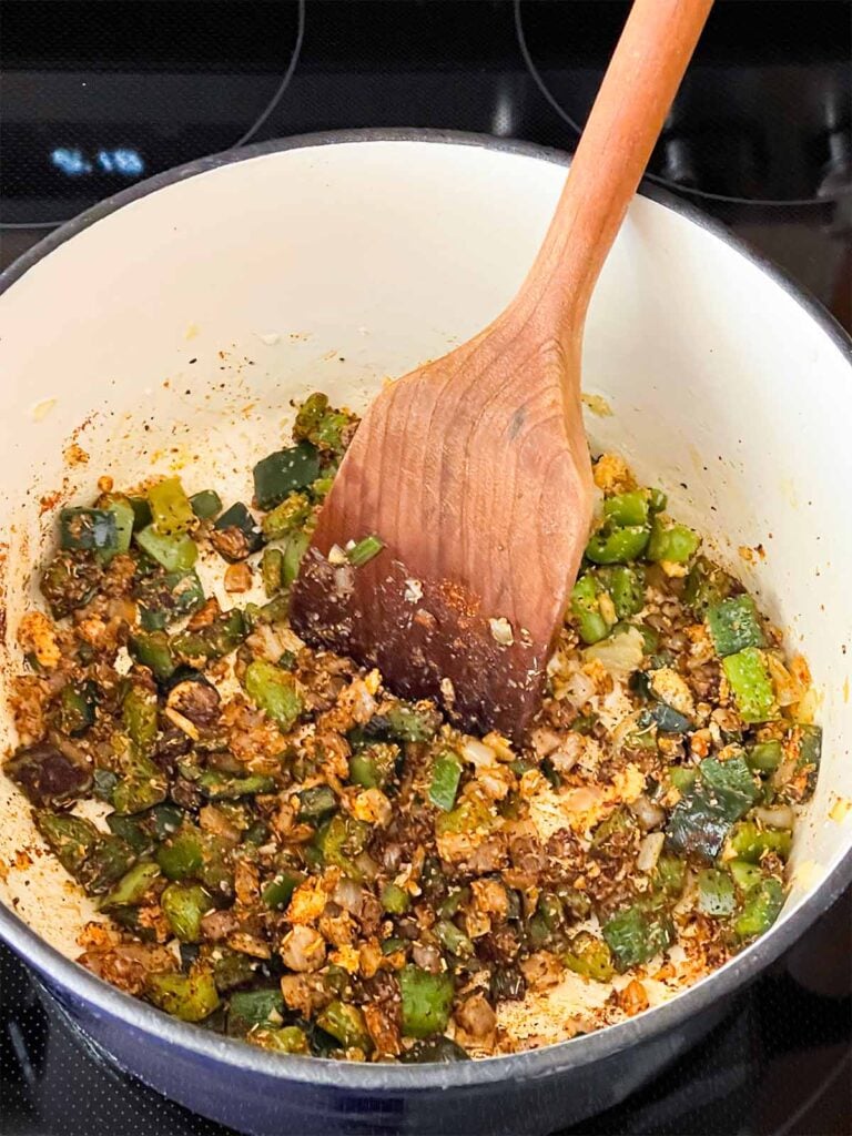 Cooked vegetables in a dutch oven.