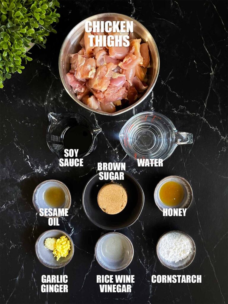 Ingredients needed to make chicken teriyaki on a dark background.