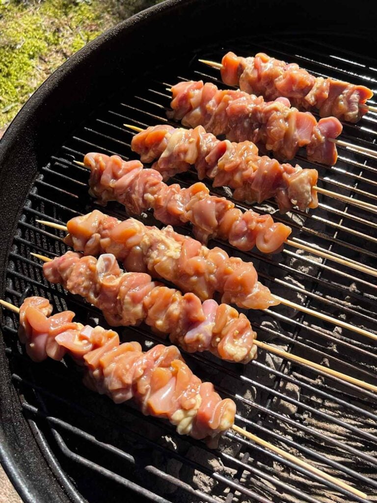Chicken thigh skewers just added to a Weber grill.