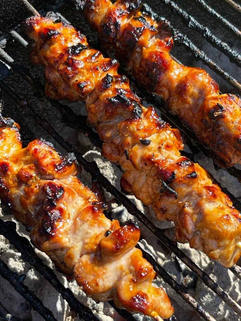 Chicken teriyaki skewers on a Weber grill.