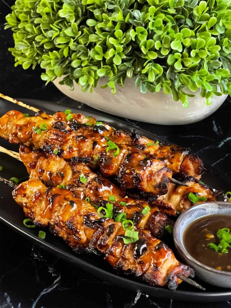 Grilled chicken teriyaki on a dark plate on a dark surface.