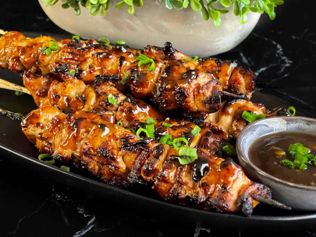 Grilled chicken teriyaki on a dark plate on a dark surface.