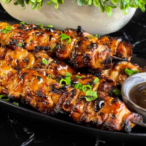 Grilled chicken teriyaki on a dark plate on a dark surface.