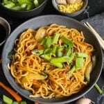 Vegetable lo mein garnished with green onion in a dark bowl.