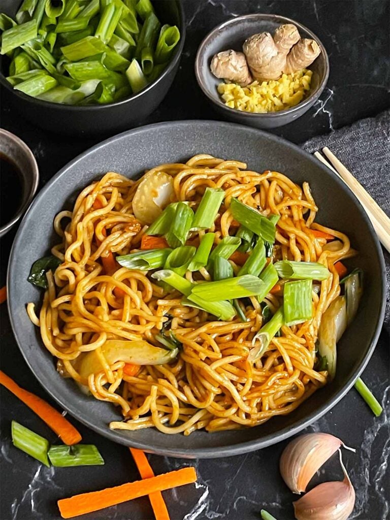 Vegetable lo mein garnished with green onion in a dark bowl.
