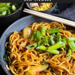 Vegetable lo mein garnished with green onion in a dark bowl.