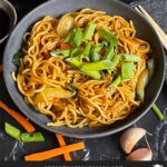 Vegetable lo mein garnished with green onion in a dark bowl.