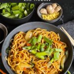 Vegetable lo mein garnished with green onion in a dark bowl.