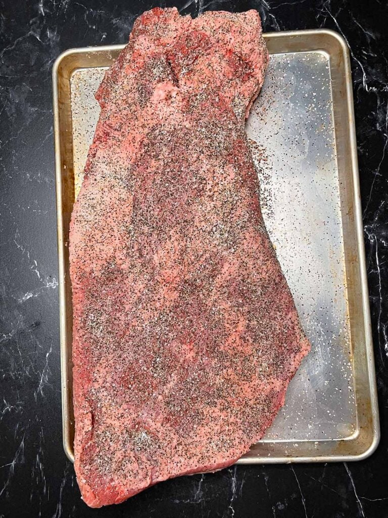 A rubbed brisket, meat side up.
