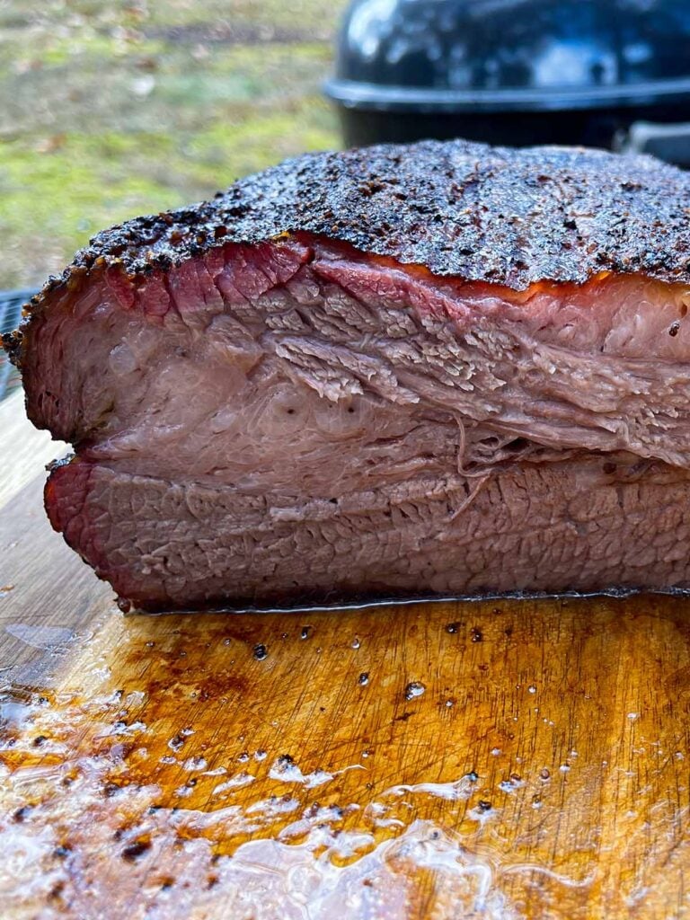 The interior of a smoked brisket, point side.