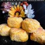 Sweet potato biscuits in a red lined cloth basket.