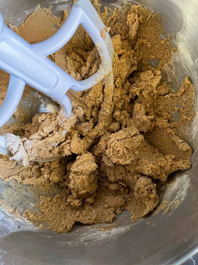 Dry ingredients mixed into the wet ingredients for chai sugar cookies in a metal bowl.