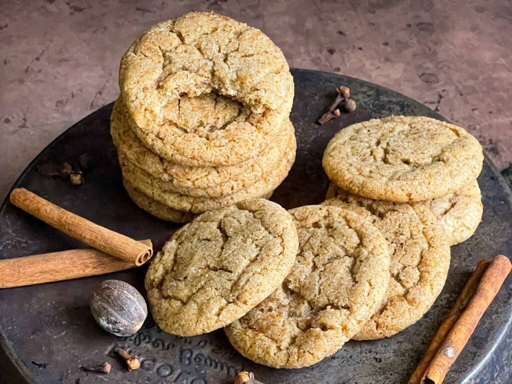 Chai sugar cookies on an old metal cake pan.