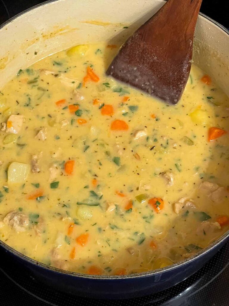 Chicken stew cooking in a dutch oven.