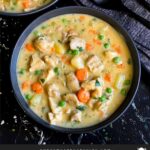 Chicken stew in a dark bowl.