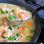 Chicken stew in a dark bowl.