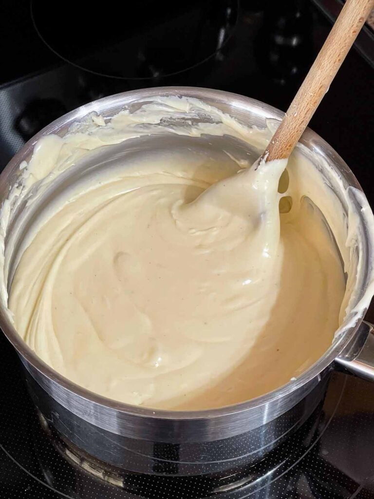 Eggnog fudge in a saucepan.