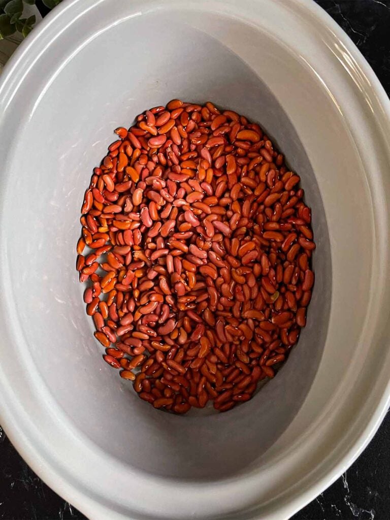 Red beans in the crock of a slow cooker.