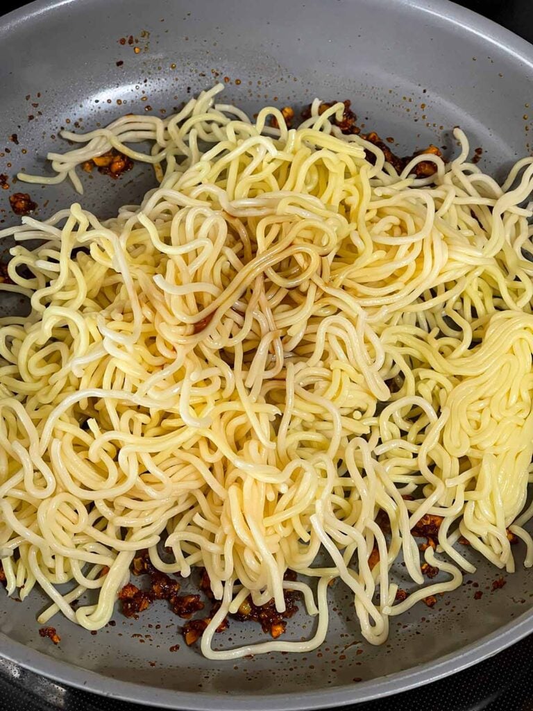Noodles in a skillet.