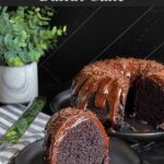 A slice of chocolate bundt cake on a dark plate.