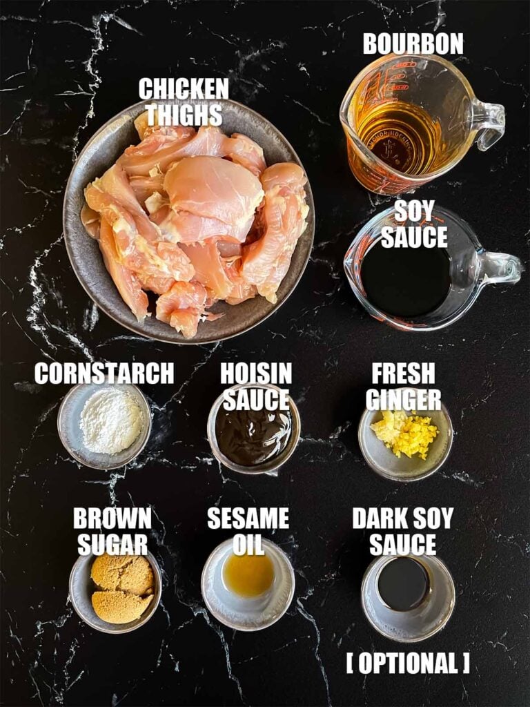 Ingredients needed to make grilled bourbon chicken.