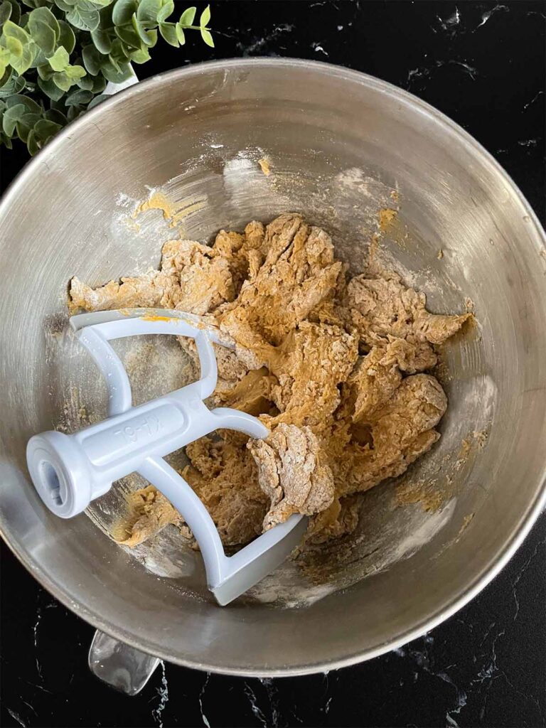 Dry ingredients mixed into the wet ingredients until some dry flour still remains.