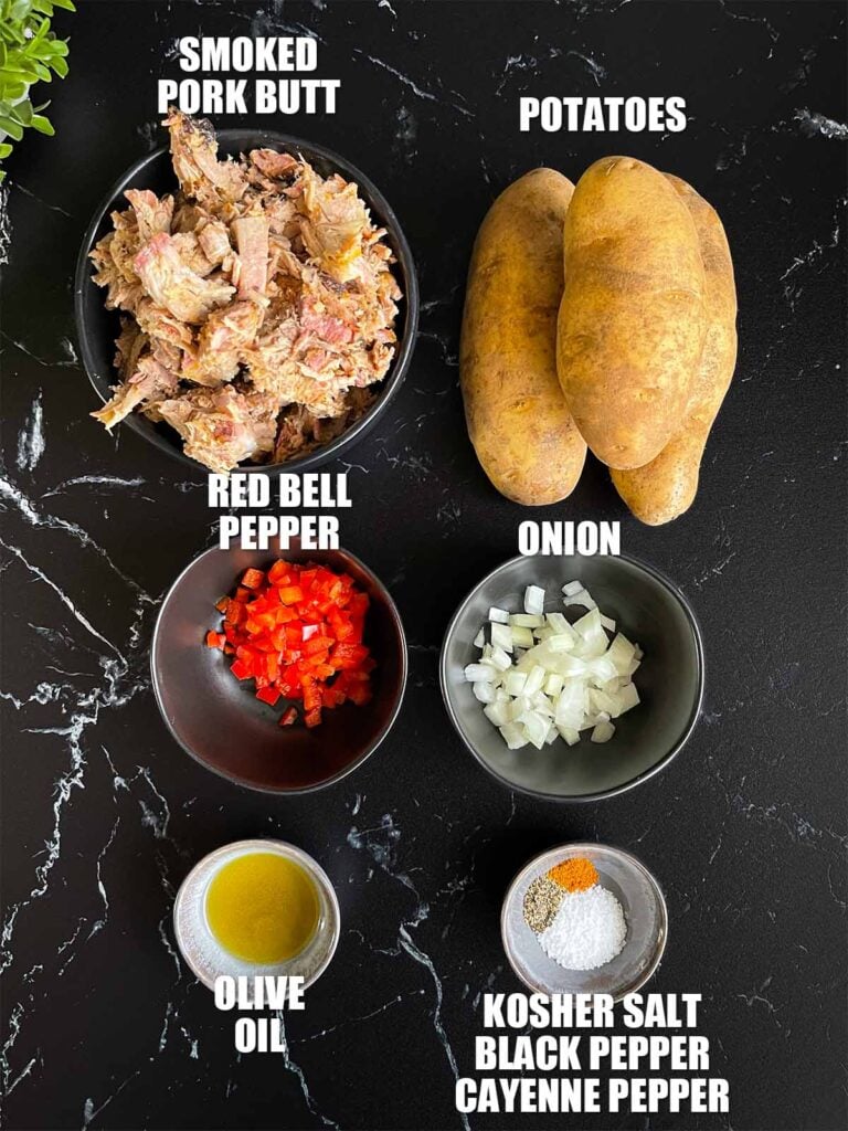 Ingredients needed for pulled pork hash.