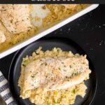 Chicken and rice casserole garnished with chopped parsley on a dark plate on a dark surface.