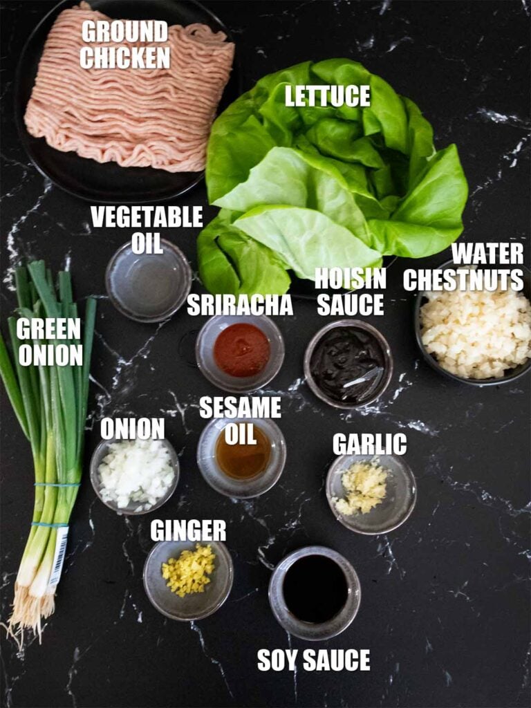 Ingredients for making chicken lettuce wraps.