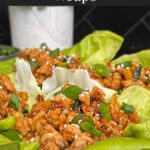 Chicken lettuce wraps on a dark plate.