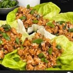 Chicken lettuce wraps on a dark plate.