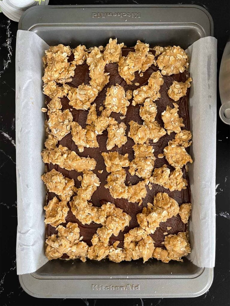 Dollops of oatmeal cookie dough over the top of the fudge layer.