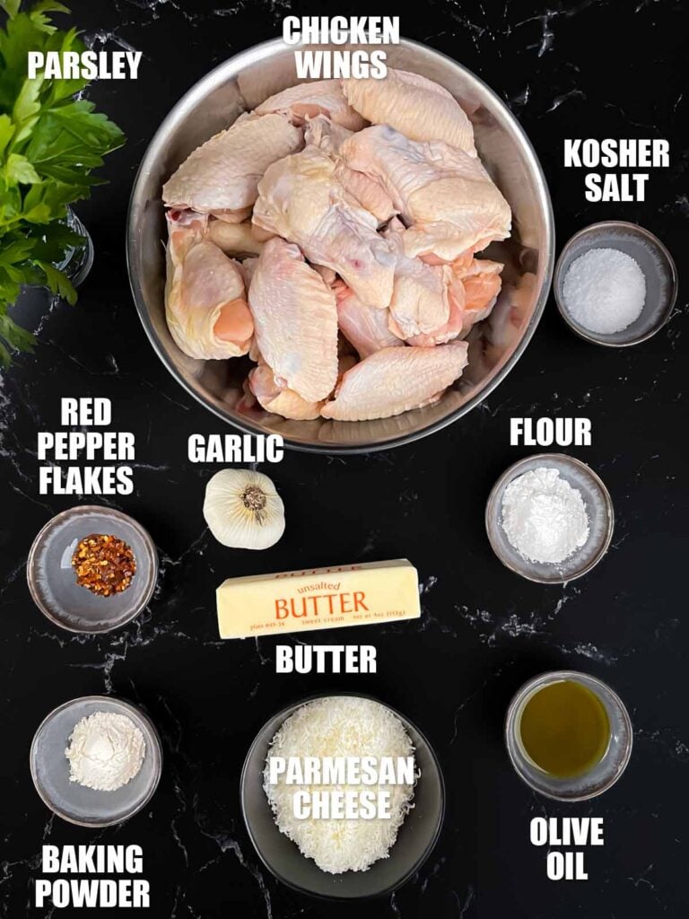 Ingredients needed to make garlic parmesan chicken wings.