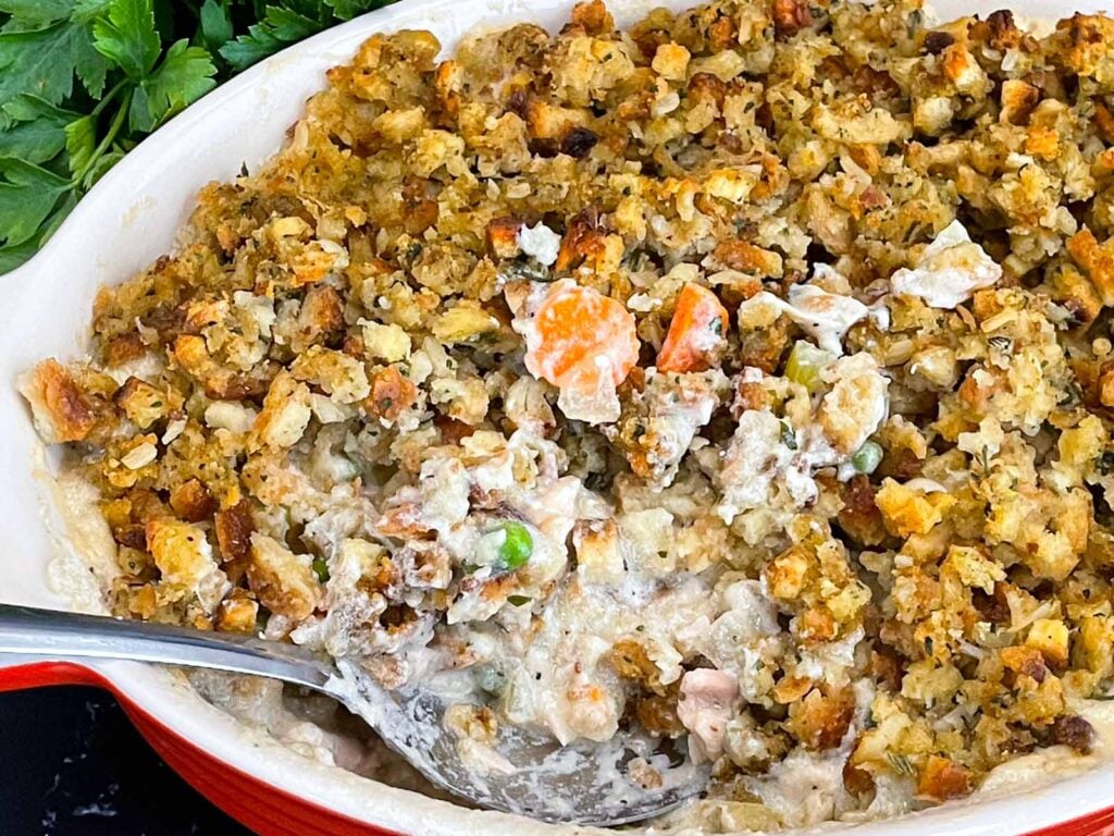 Chicken Stuffing Casserole in a baking dish.