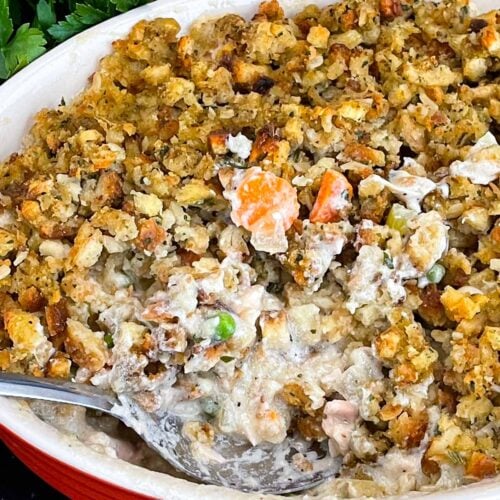 Chicken Stuffing Casserole in a baking dish.