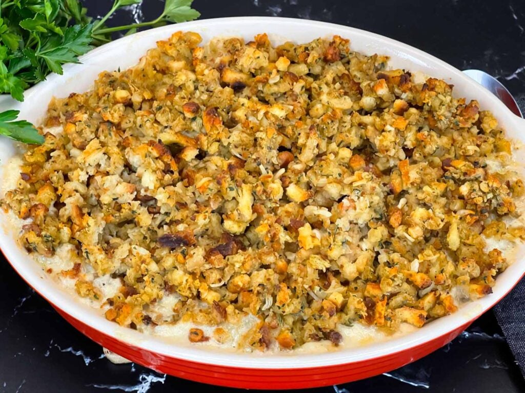 Chicken Stuffing Casserole in a baking dish.