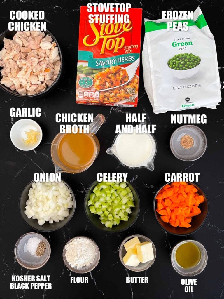 Ingredients needed to make Chicken Stuffing Casserole.