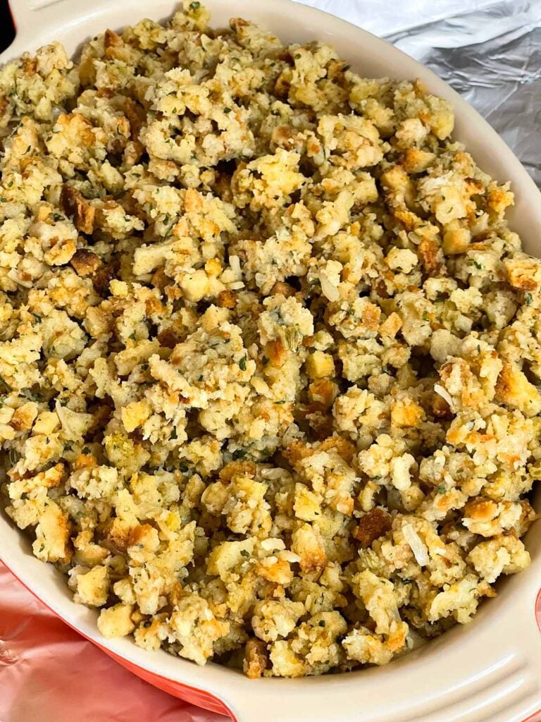 Chicken stuffing casserole, unbaked, in a baking dish.