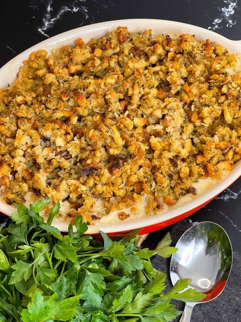 Chicken stuffing casserole in a baking dish.