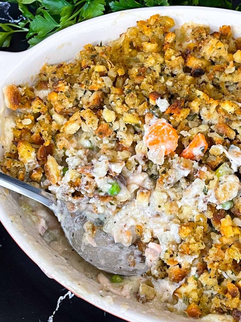 Chicken stuffing casserole in a baking dish.