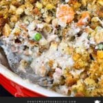 Chicken stuffing casserole in a baking dish.