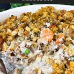 Chicken stuffing casserole in a baking dish.