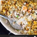 Chicken stuffing casserole in a baking dish.