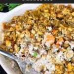 Chicken stuffing casserole in a baking dish.