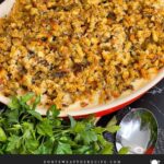 Chicken stuffing casserole in a baking dish.